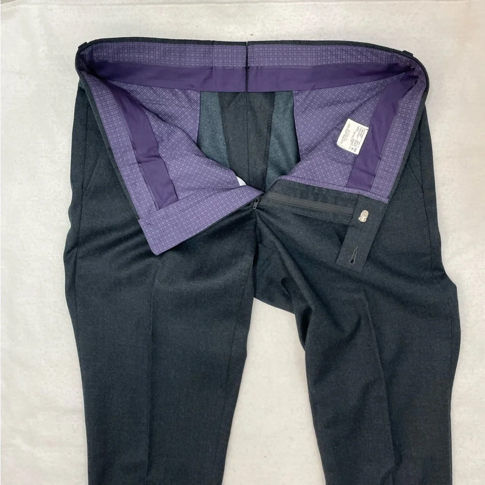Ted Baker 100% wool dark blue flat front classic trousers, 34/29 purple lining